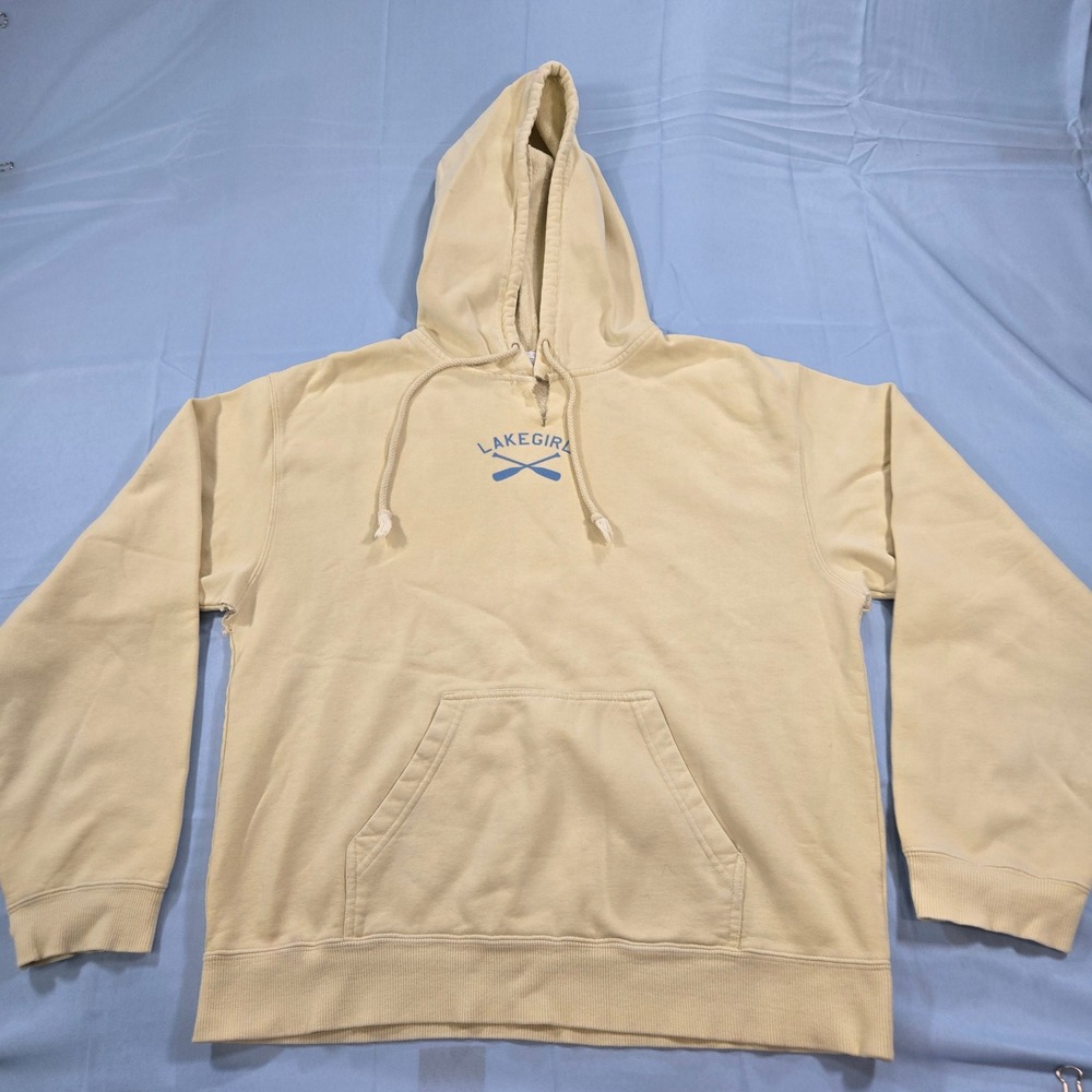 Lakegirl Womens Distressed Hoodie Cream Yellow Oars Graphic Sweatshirt Size M